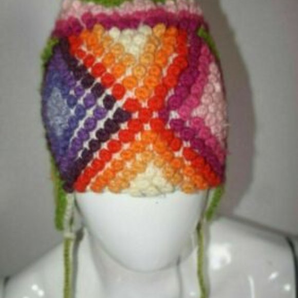 Multicolored chullo knitted in wool winter warm unisex Andean culture - Picture 4 of 11